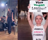 PETA üyeleri, podyuma koltuk değnekleri ile çıkan Victoria Beckham'ın defilesini protesto etti