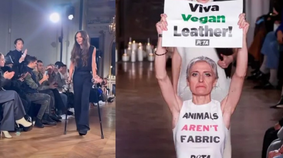 PETA üyeleri, podyuma koltuk değnekleri ile çıkan Victoria Beckham'ın defilesini protesto etti
