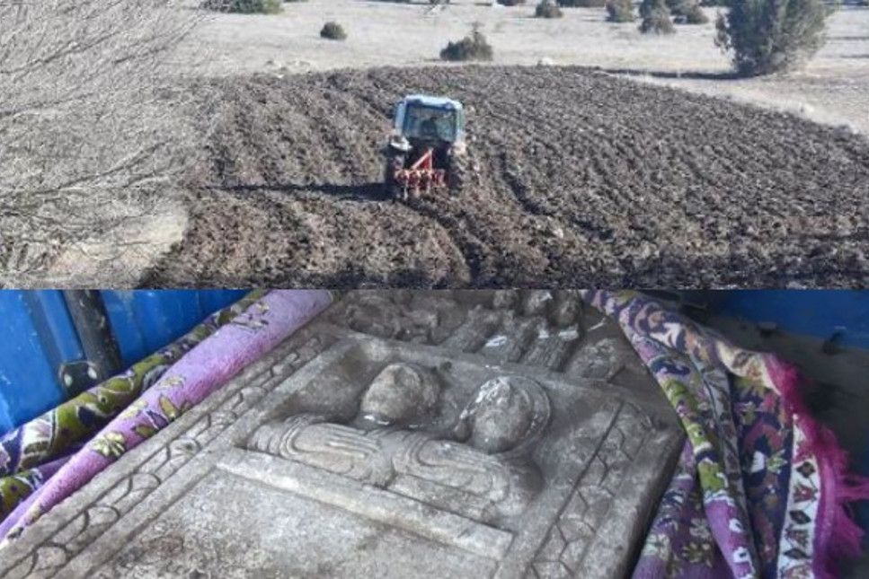 Tarlasını süren çiftçi, Roma dönemine ait mezar taşı buldu